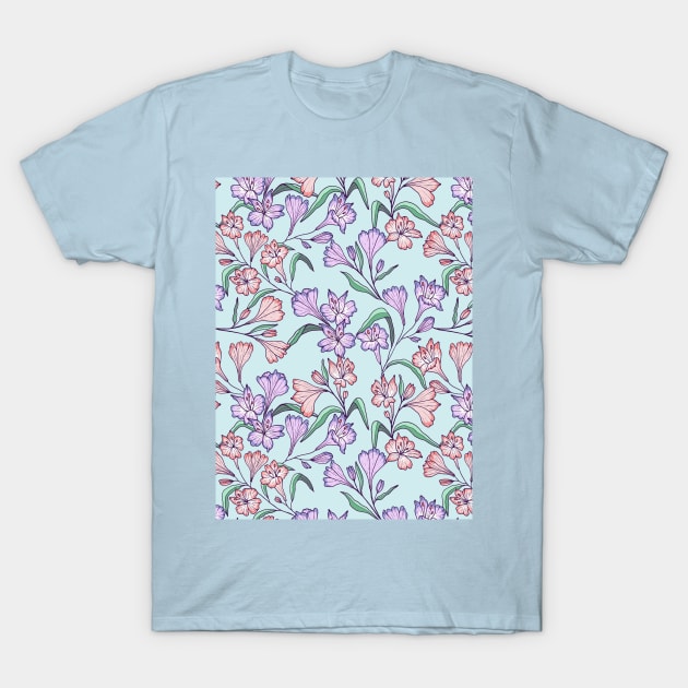 Happy lily flowers botanical pattern in light blue T-Shirt by Natalisa